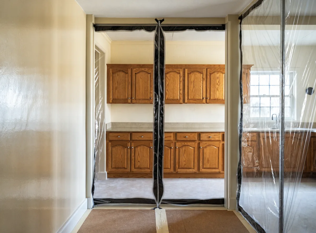 A Davie kitchen sealed off before any work starts, a zippered plastic barrier taped floor to ceiling across the opening with the old oak cabinets still hanging behind it and protective panels covering the floor on both sides