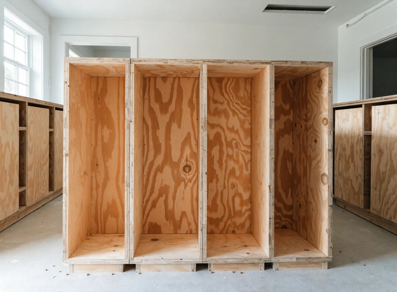 Kitchen island cabinetry in Davie, FL: the base cabinets screwed to each other and anchored to the floor, before the back panels, the toe kick and the countertop go on
