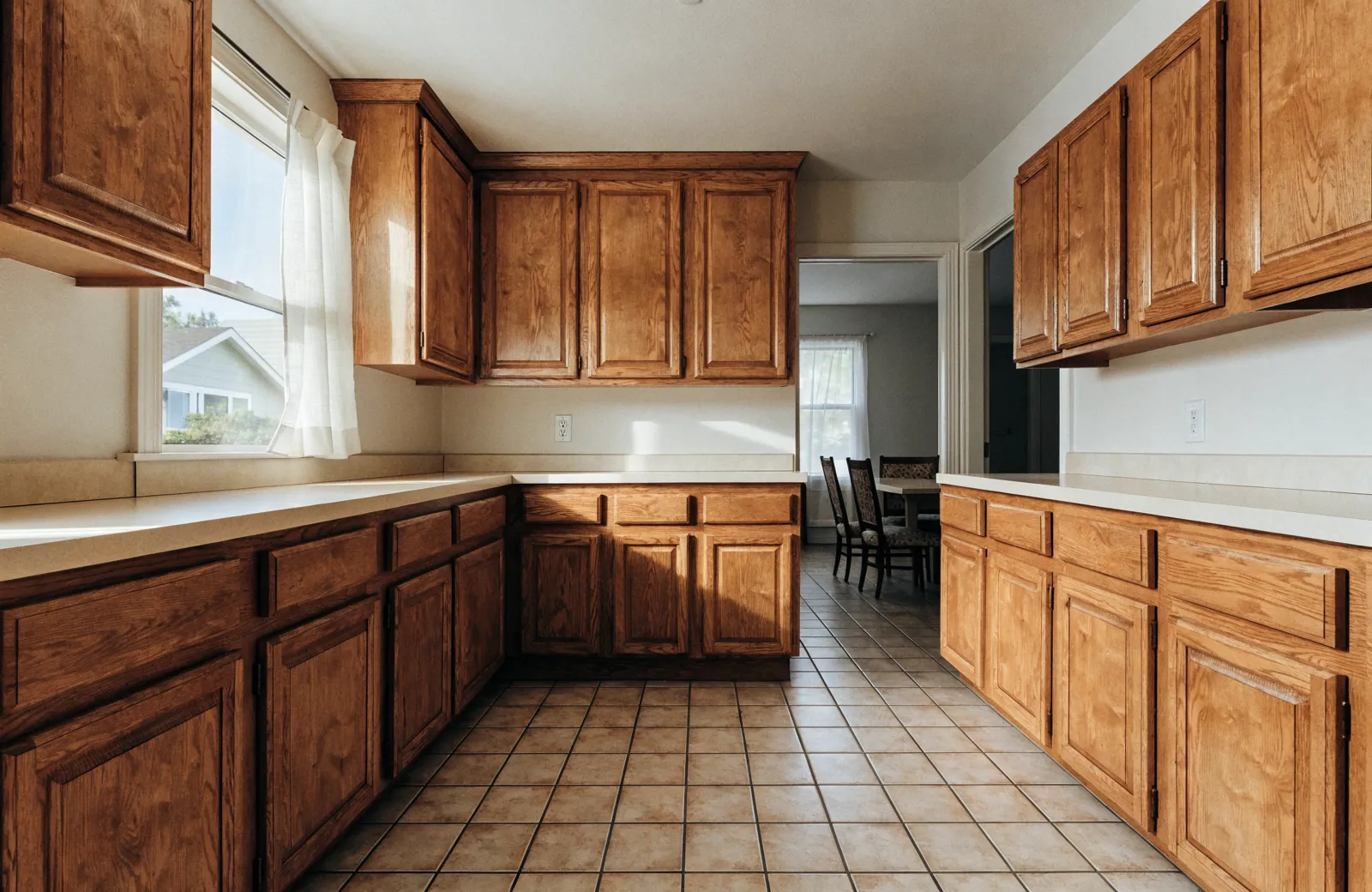 A closed 1980s Davie kitchen with an L-shaped run of original cabinets, the middle of the floor empty and the walkway to the dining room crossing it
