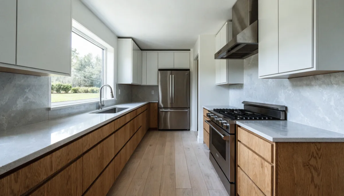 Kitchen layout redesign Davie, FL: a kitchen photographed along its length with the sink under the window, the range on the wall to the right and the refrigerator standing in its niche at the end of the run