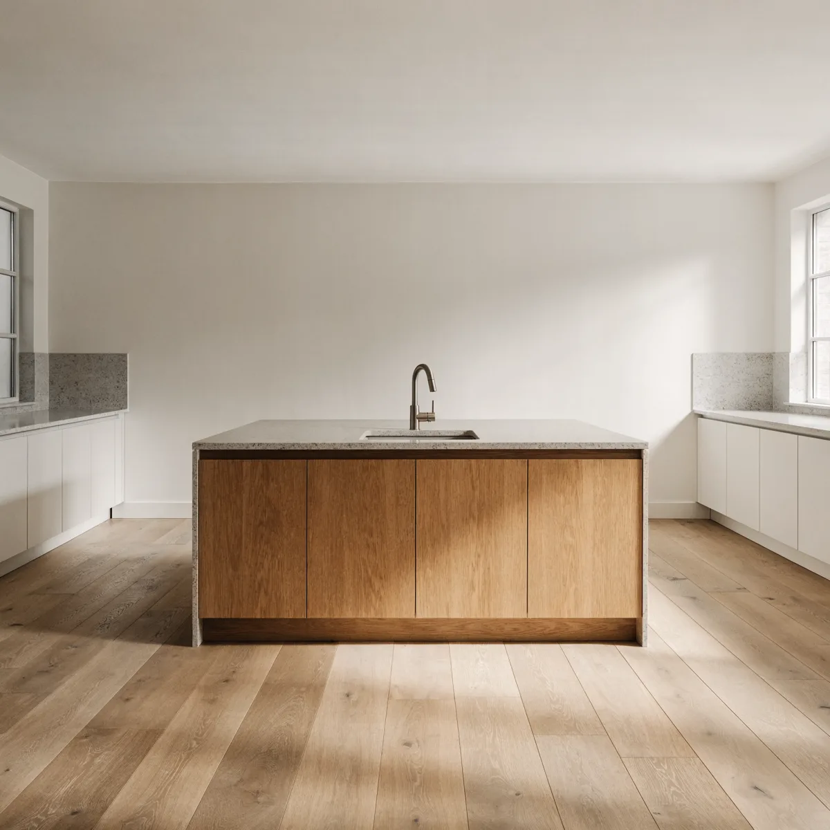 A kitchen island with a small prep sink set into its quartz top and a pendant light above it