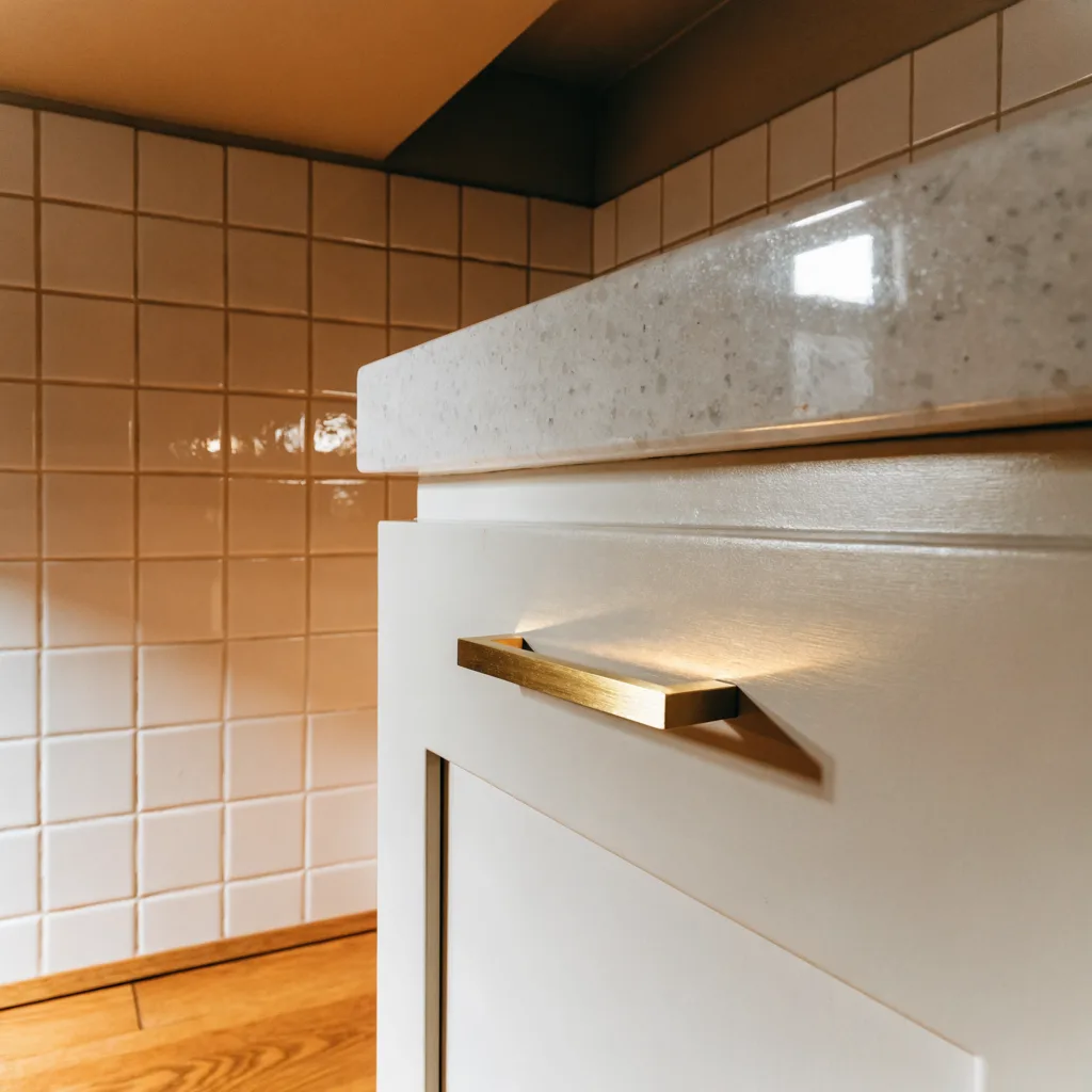 A square of countertop, cabinet door and glossy tile under warm light, the white paint reading cream and the brass pull glowing amber