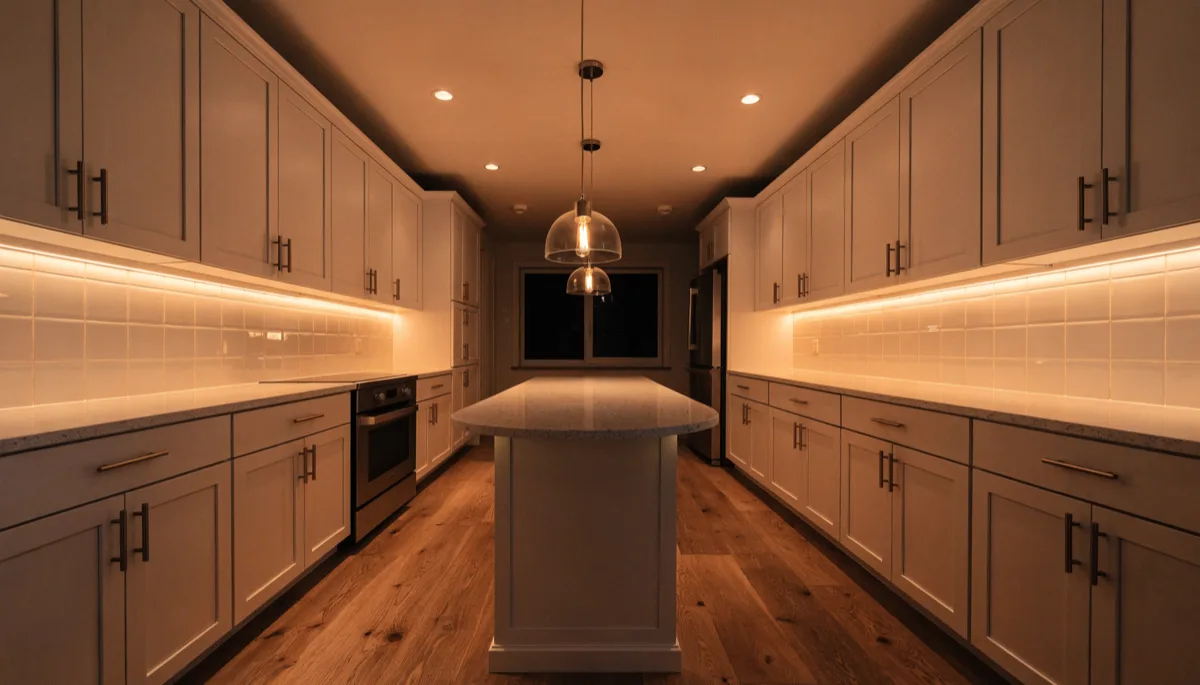 Kitchen lighting installation Davie, FL: a finished kitchen after dark with all three layers switched on, recessed downlights washing the floor, a continuous warm band of light along the countertop under the wall cabinets and two glass pendants glowing over the island