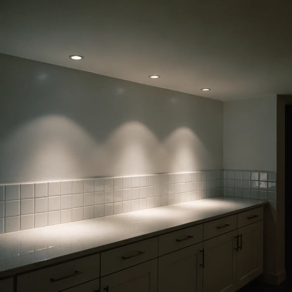 A row of small round recessed downlights running along the ceiling of a Davie kitchen parallel to the counter, their pools of light landing on the glossy tile and across the stone below