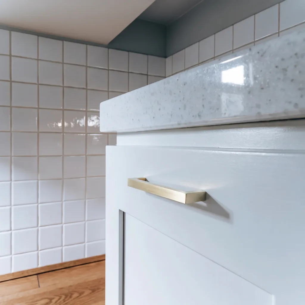 The identical square of countertop, cabinet door and glossy tile under cool neutral light, the white paint reading true white and the brass pull reading pale and flat