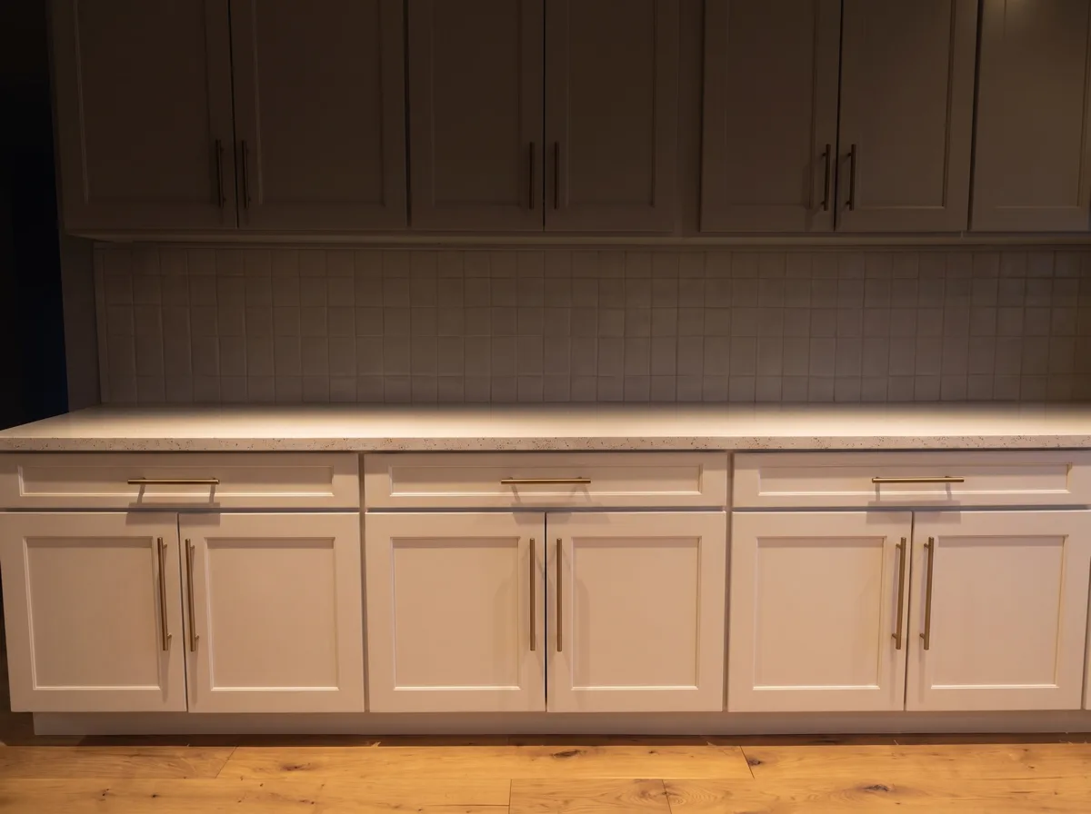 A stretch of counter in a Davie kitchen lit only from the ceiling, the front edge of the stone and the base cabinet doors catching the light while the back of the work surface and the undersides of the wall cabinets above it sit in shade