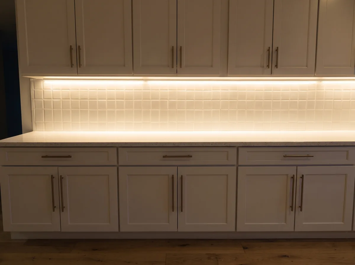 The same stretch of counter with the under-cabinet light switched on, an even band of light running the whole length of the stone and up the tile behind it, thrown by a thin linear fixture tucked behind the front rail of the wall cabinets