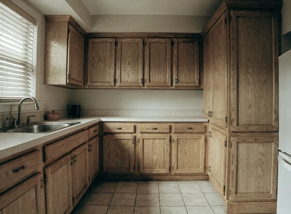 Kitchen remodel in Davie, FL: an original 1980s oak kitchen with the boxed soffit above the upper cabinets