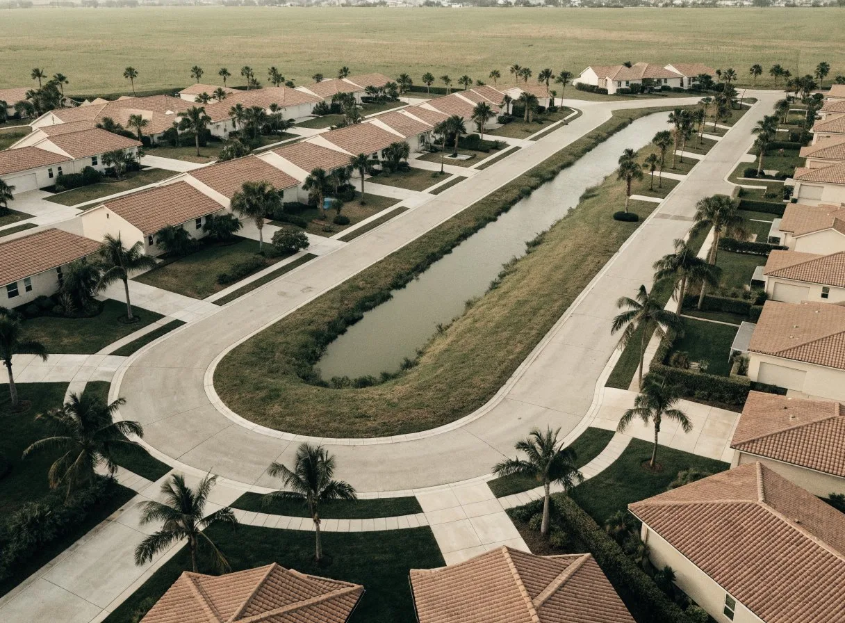 Kitchen remodeler service area in Davie, FL: a 1980s single-family neighborhood with barrel tile roofs and a canal