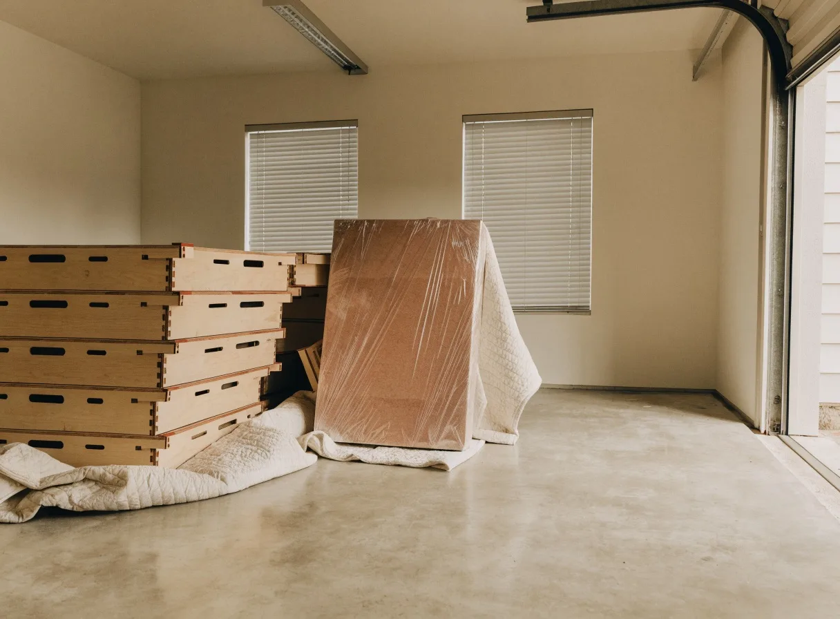 Kitchen remodeler service areas in Davie, FL: new cabinet boxes and a wrapped countertop slab staged for delivery