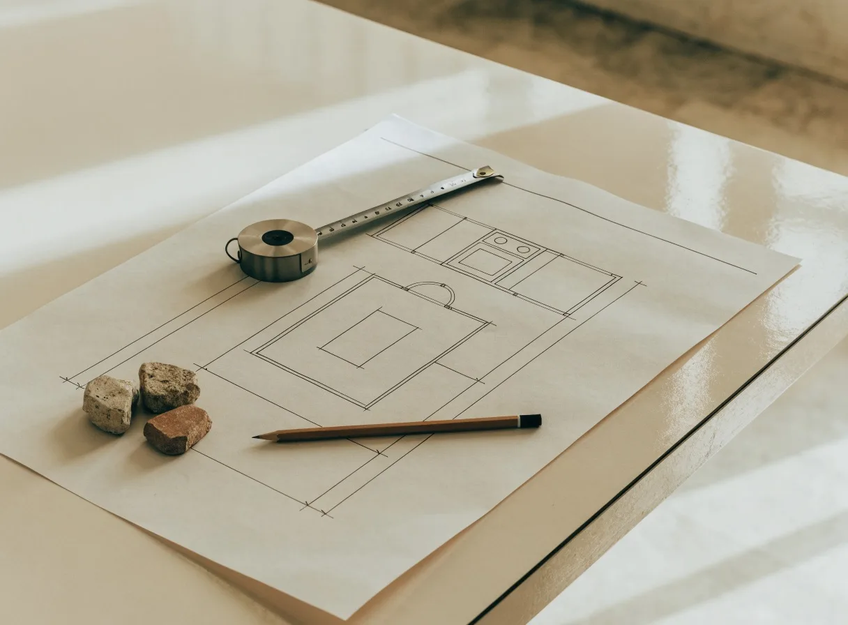 Kitchen remodeler tips and guides in Davie, FL: a kitchen floor plan with a tape measure and stone samples on top