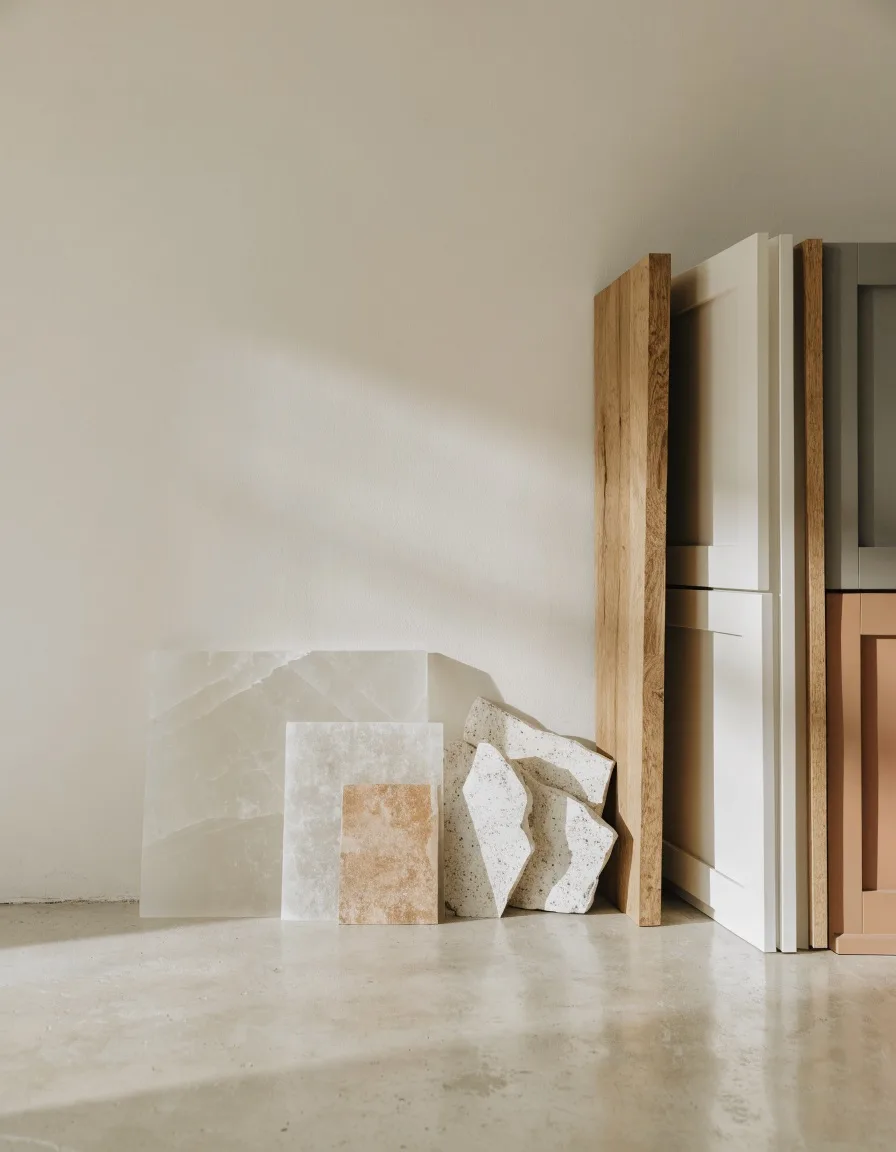 Kitchen remodeler tips and guides in Davie, FL: countertop samples and cabinet doors lined up for comparison