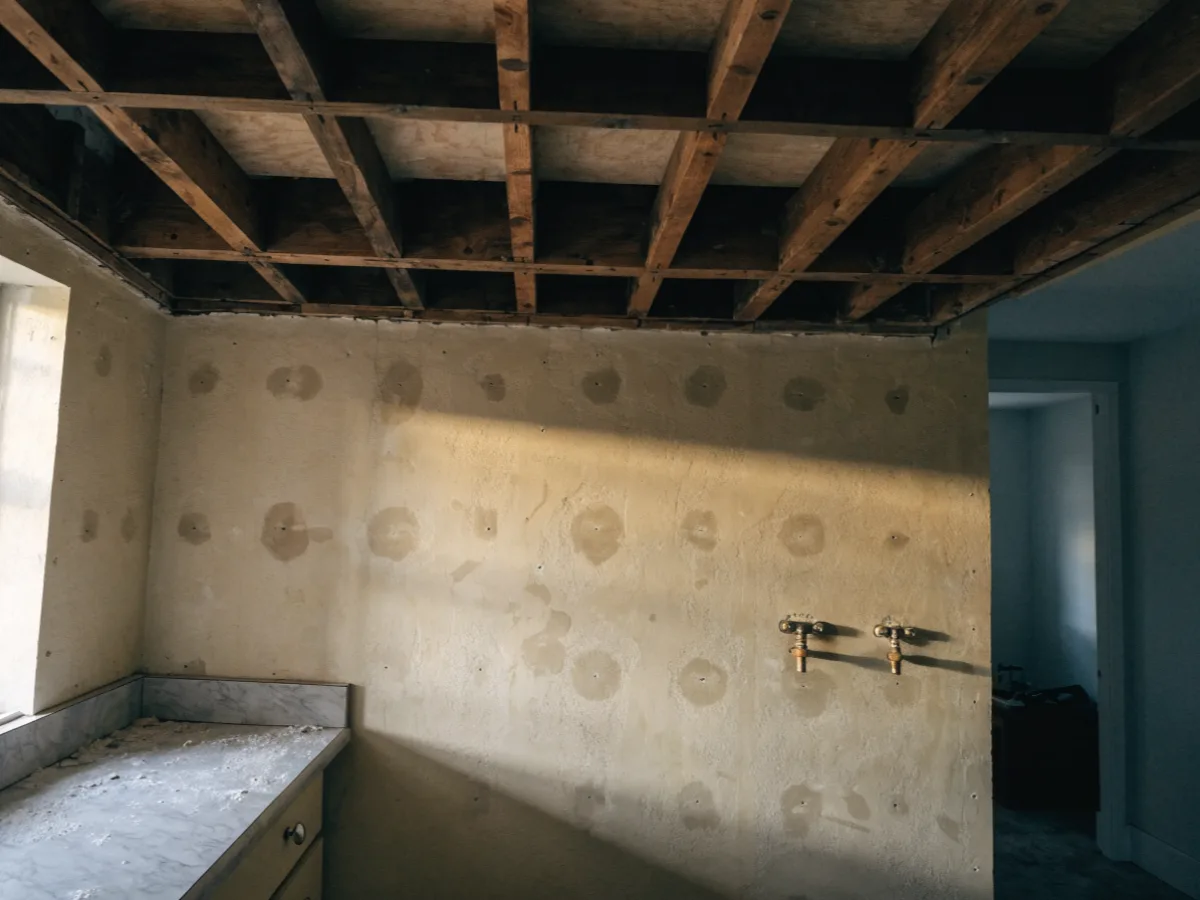 A kitchen soffit near Bergeron Rodeo Grounds in Davie opened up after the wall cabinets came off, hollow framing inside, ghost marks on the paint and the original supply stubs