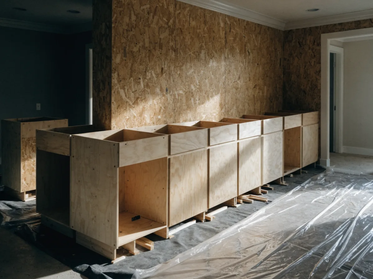 A kitchen remodel in progress near Bergeron Rodeo Grounds in Davie: new cabinet boxes set and leveled, countertop not yet delivered