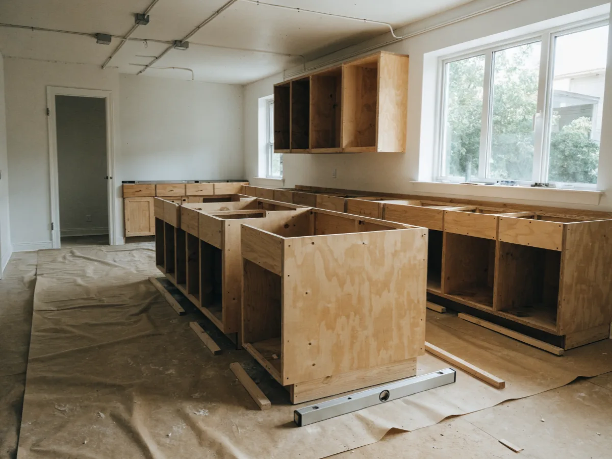A kitchen remodel in progress near Flamingo Gardens in Davie: new cabinet boxes installed and leveled along a long wall and around an island, countertops not yet delivered