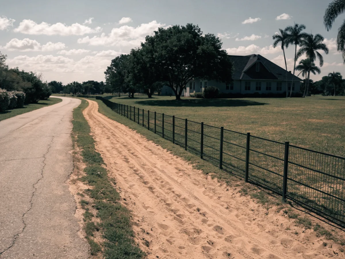 A one acre residential street on the west side of Davie, wide lot frontage, a sand equestrian trail outside the fence line and a single house set far back from the road