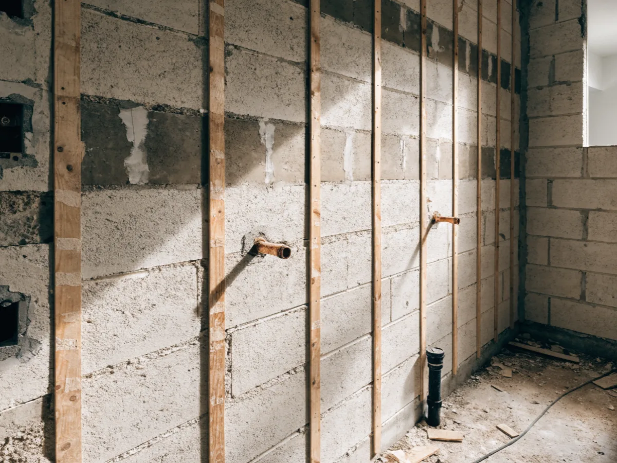 A kitchen wall in a Davie house stripped back after the cabinets came off, block behind wood furring, ghost marks where the uppers hung and the original supply stubs