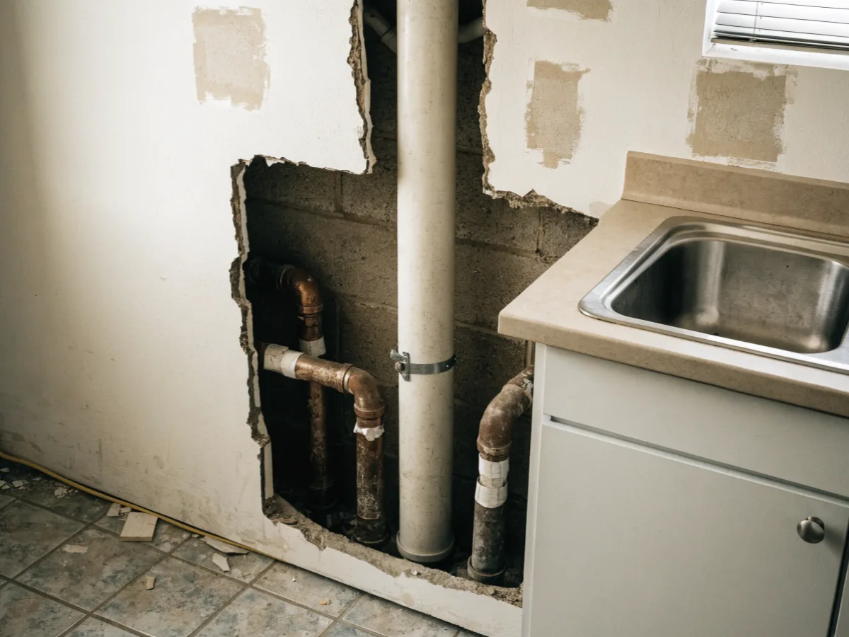A condominium kitchen wall in Davie opened behind the sink cabinet, the shared plumbing chase, the old copper stubs and the ghost marks where the uppers hung