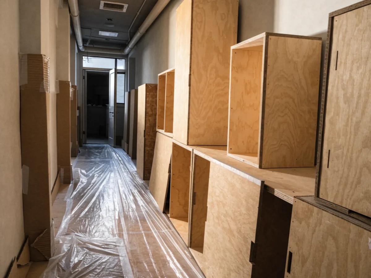 A condominium hallway in Davie covered with floor protection and corner guards while new cabinet boxes are carried in