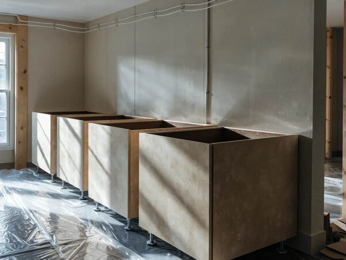 A kitchen remodel in progress near Pine Island Ridge in Davie: new cabinet boxes installed and leveled, countertops not yet delivered