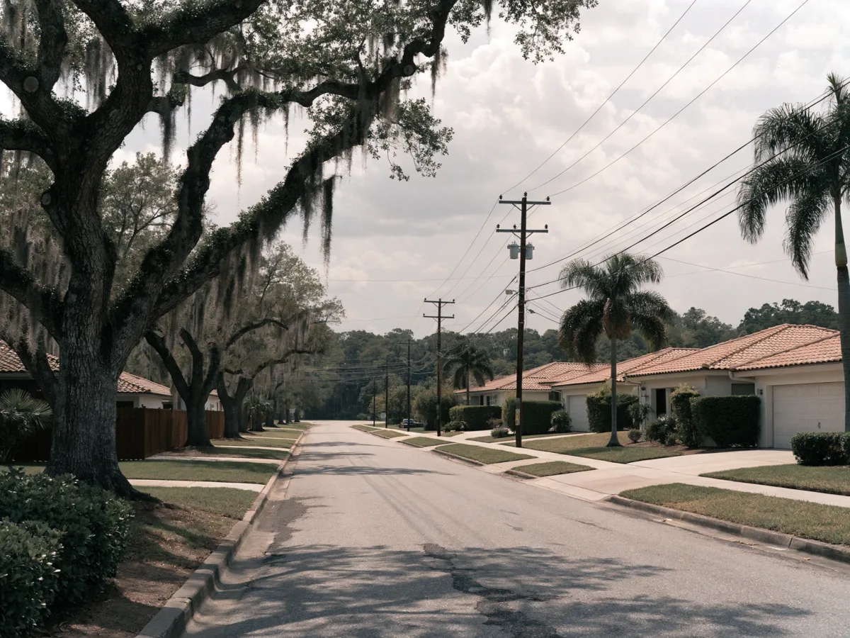 A late 1980s residential street near Pine Island Ridge in Davie, single story houses with barrel tile roofs under mature oaks