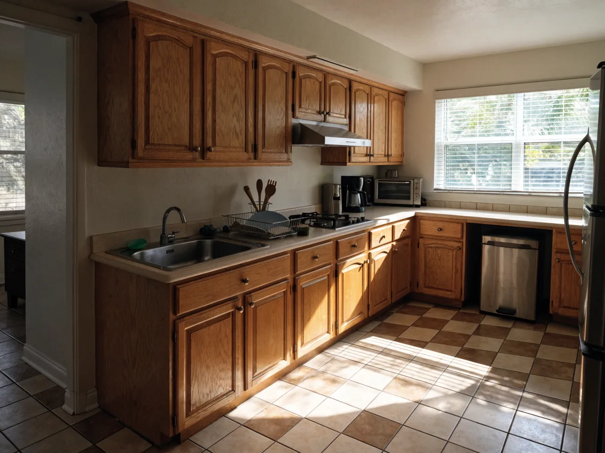 Kitchen remodeling near Pine Island Ridge in Davie: an original 1980s kitchen with honey oak fronts, cream laminate counter and a closed soffit above the wall cabinets