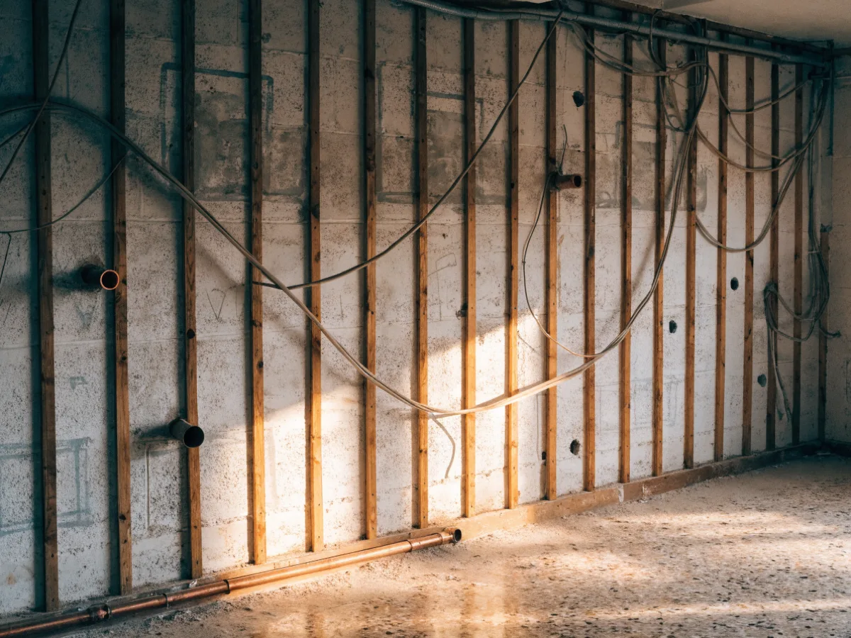 A kitchen wall near Pine Island Ridge in Davie stripped back after the cabinets came off, painted block behind wood furring, ghost marks where the uppers hung, and the original copper stubs