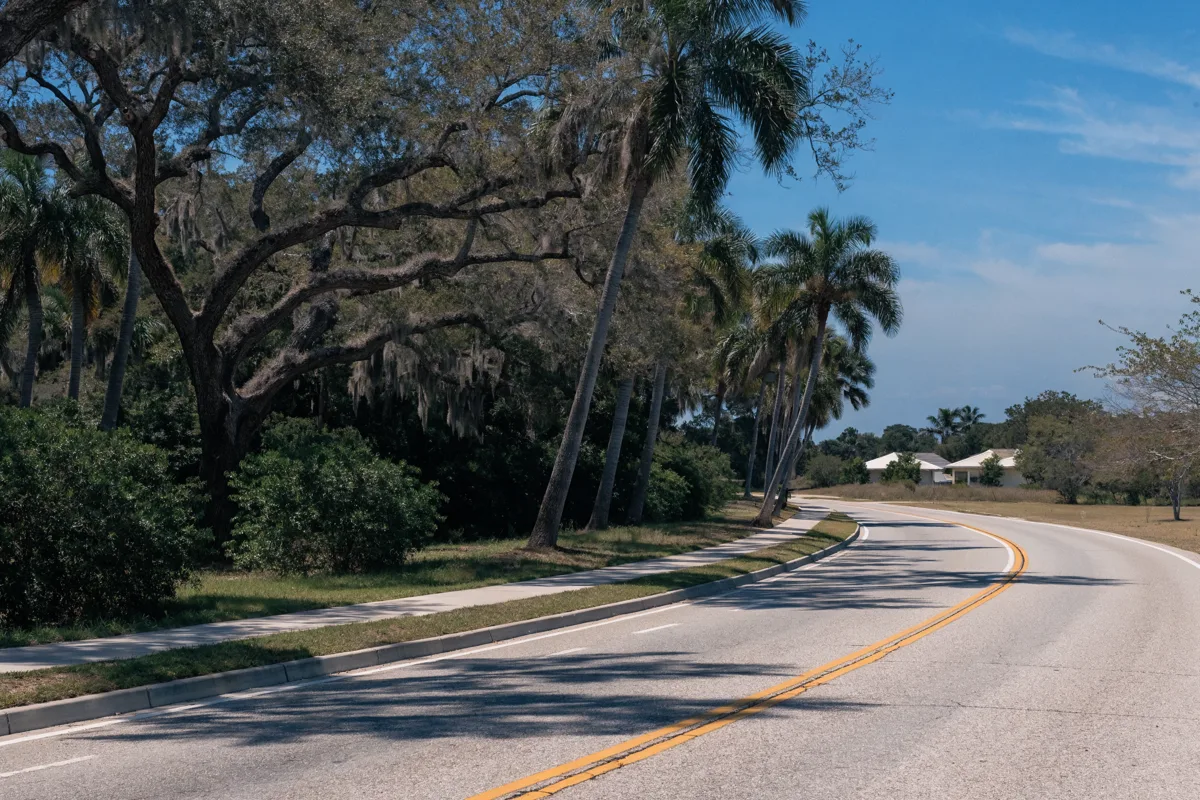 The two lane road leaving the wooded natural area at Pine Island Ridge in Davie, heading east toward Griffin Road