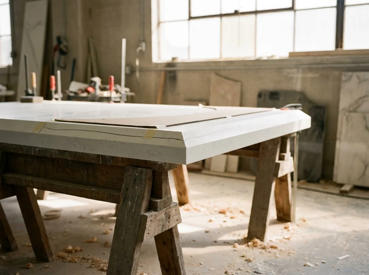 Kitchen remodeling services in Davie, FL: a quartz countertop slab templated in the shop before installation