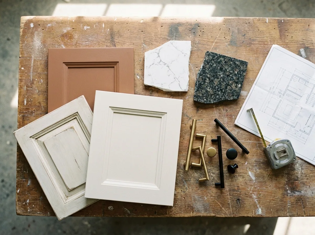 Kitchen remodeling services in Davie, FL: cabinet doors and countertop samples laid out before a job starts