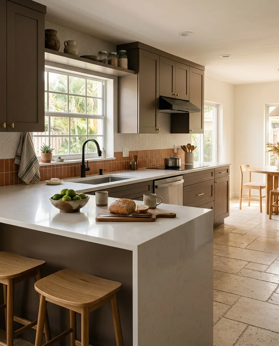 Kitchen remodeling services in Davie, FL: cabinets, countertops and backsplash going into a finished kitchen