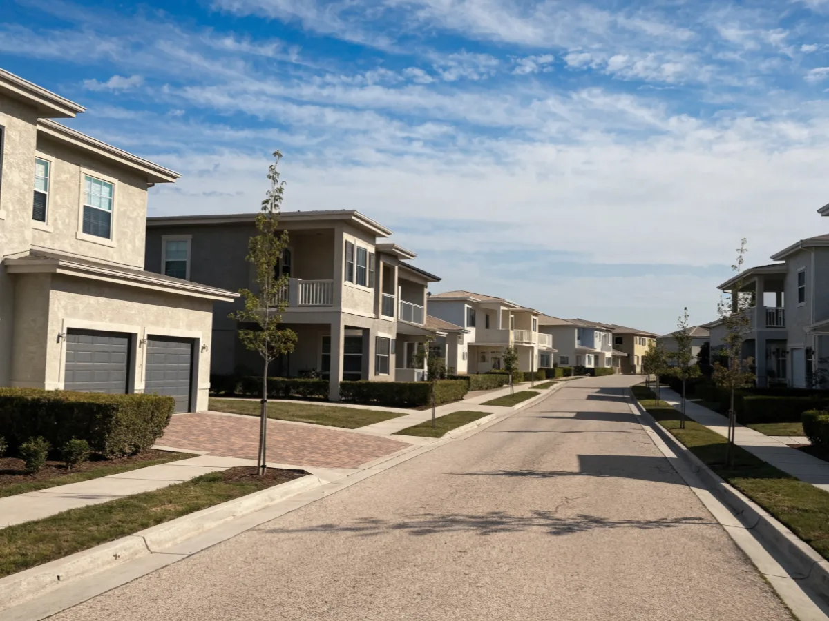 A west Davie street built in the two thousands, two story houses with paver driveways and low front hedges under open sky