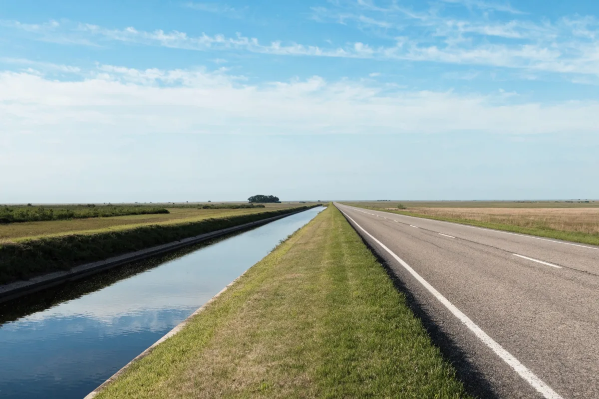 The C-11 canal along Griffin Road in Davie, the straight waterway and its grass bank beside the two lane road heading east