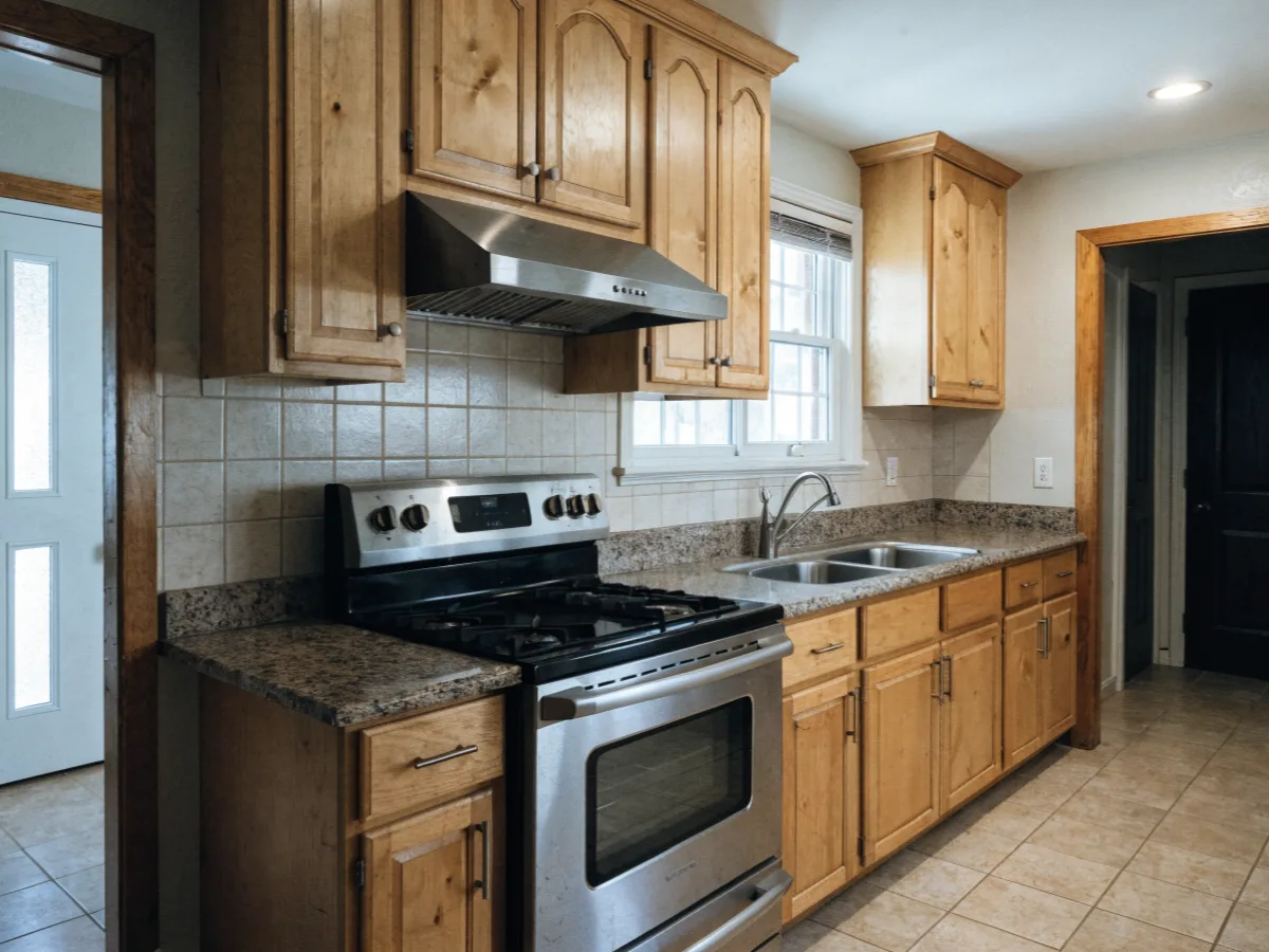 An original late 1990s kitchen in west Davie with light maple fronts, builder grade granite and a first generation stainless range