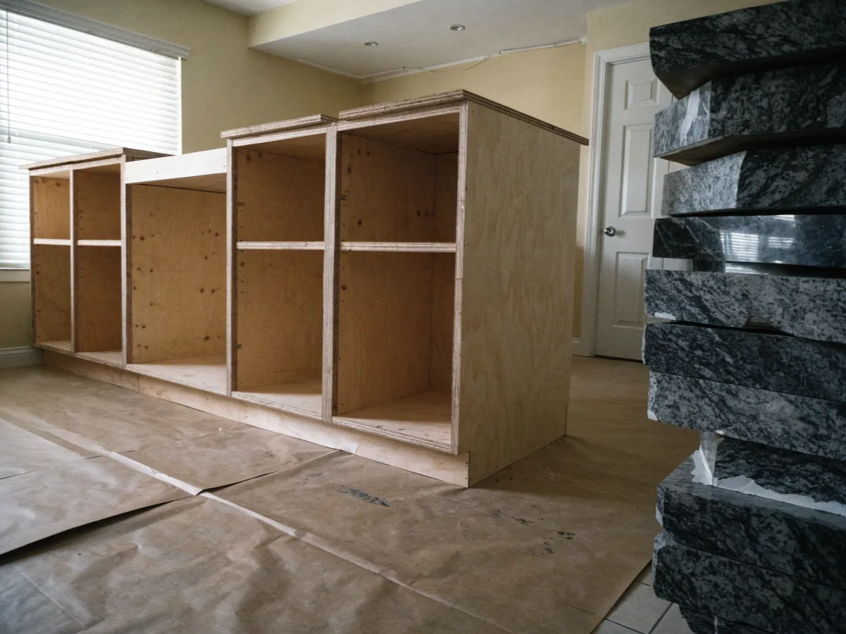 A kitchen remodel in progress in west Davie: new cabinet boxes set and leveled after the builder granite came out, countertop not yet templated