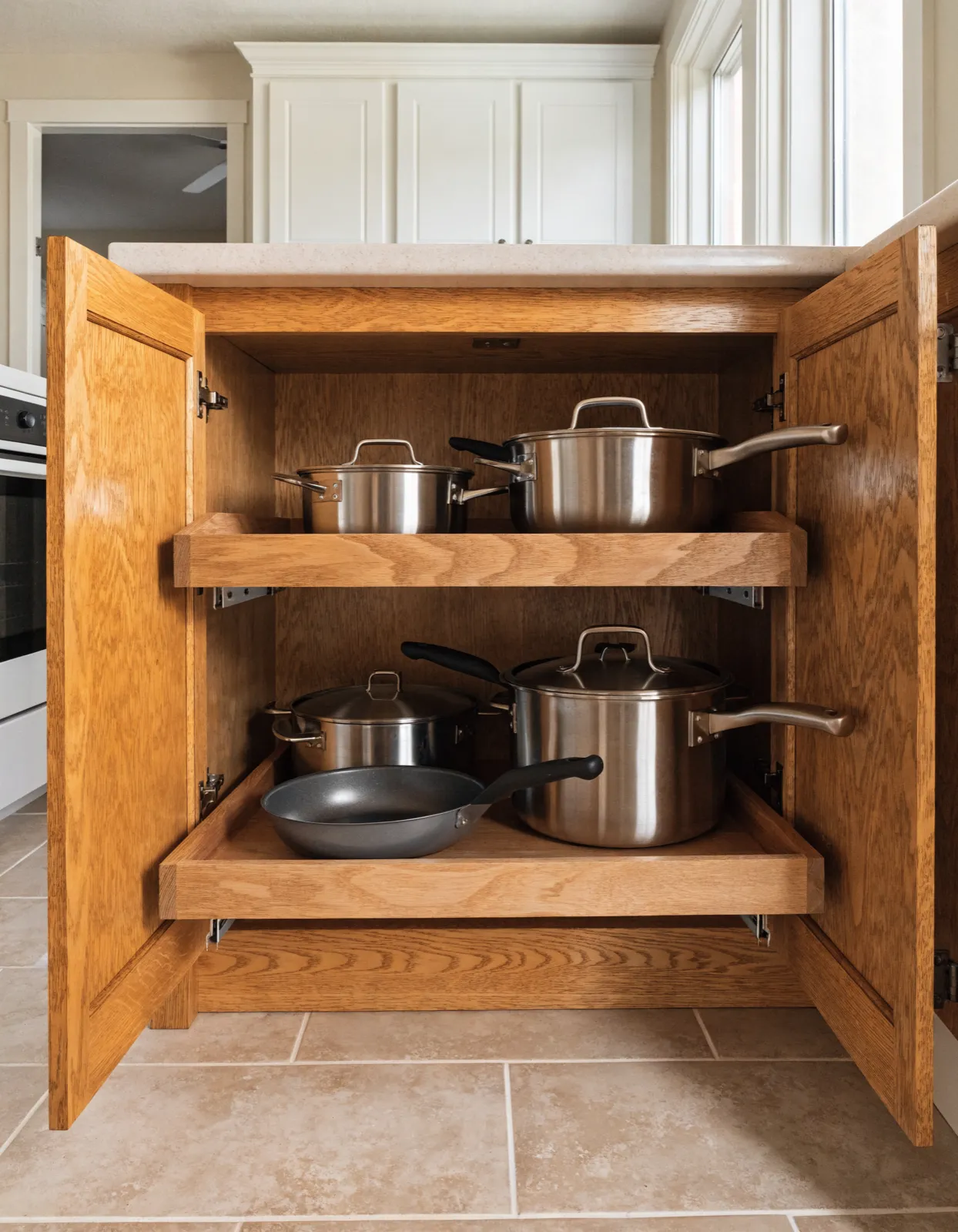 Kitchen storage solutions Davie, FL: a base cabinet standing open with two loaded pull-out trays drawn out, the original cabinet box and face frame around them