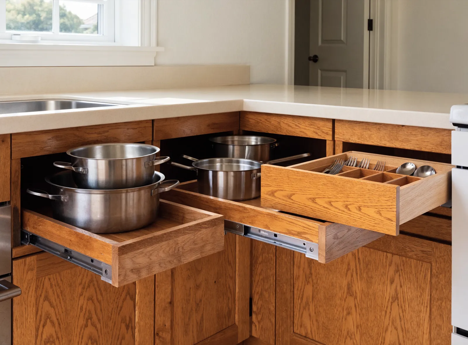 The base run of a Davie kitchen after the retrofit, two pull-out trays extended under the counter and a fitted drawer insert open beside them