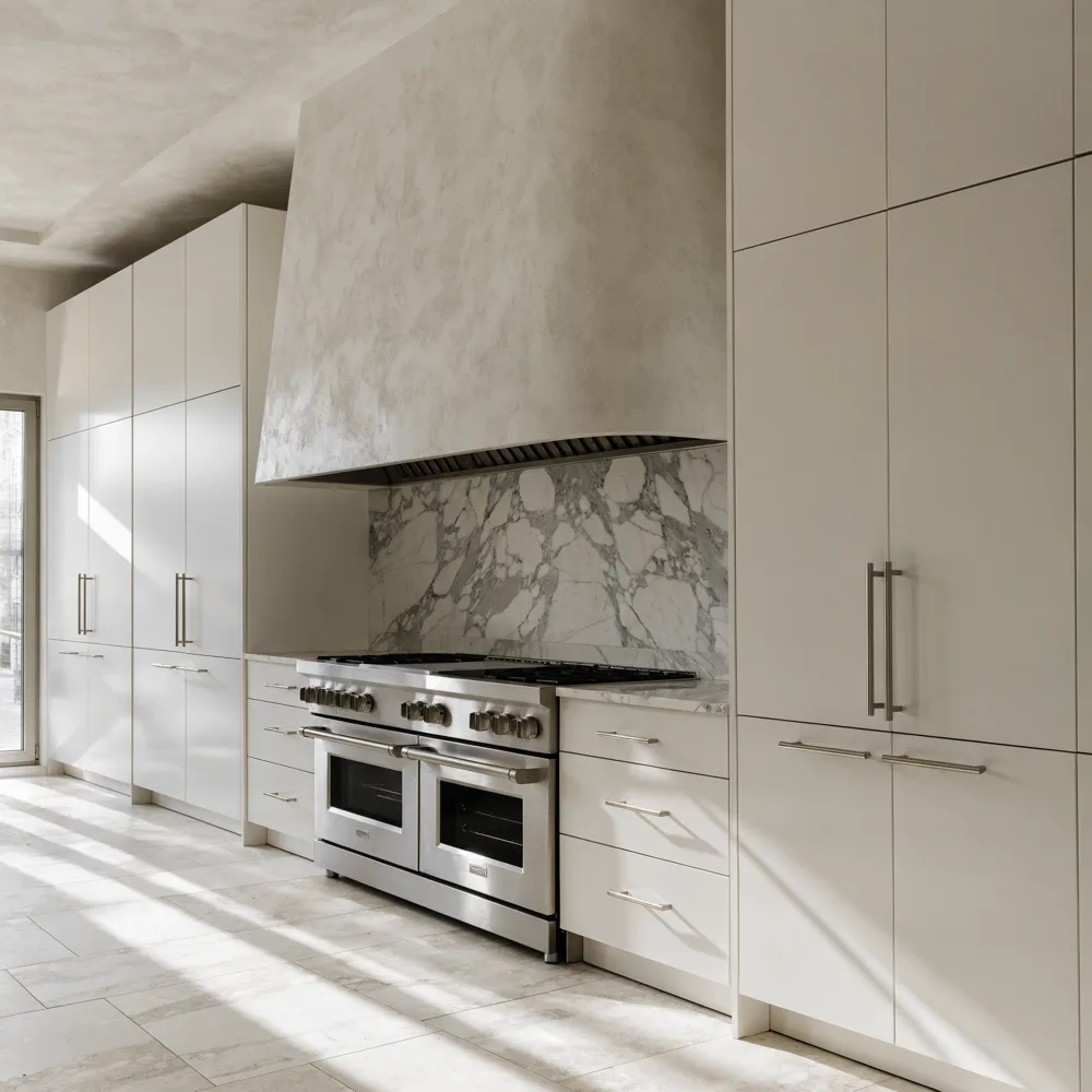 A professional range under a plaster hood that rises into the ceiling, the marble slab backsplash carried up behind it