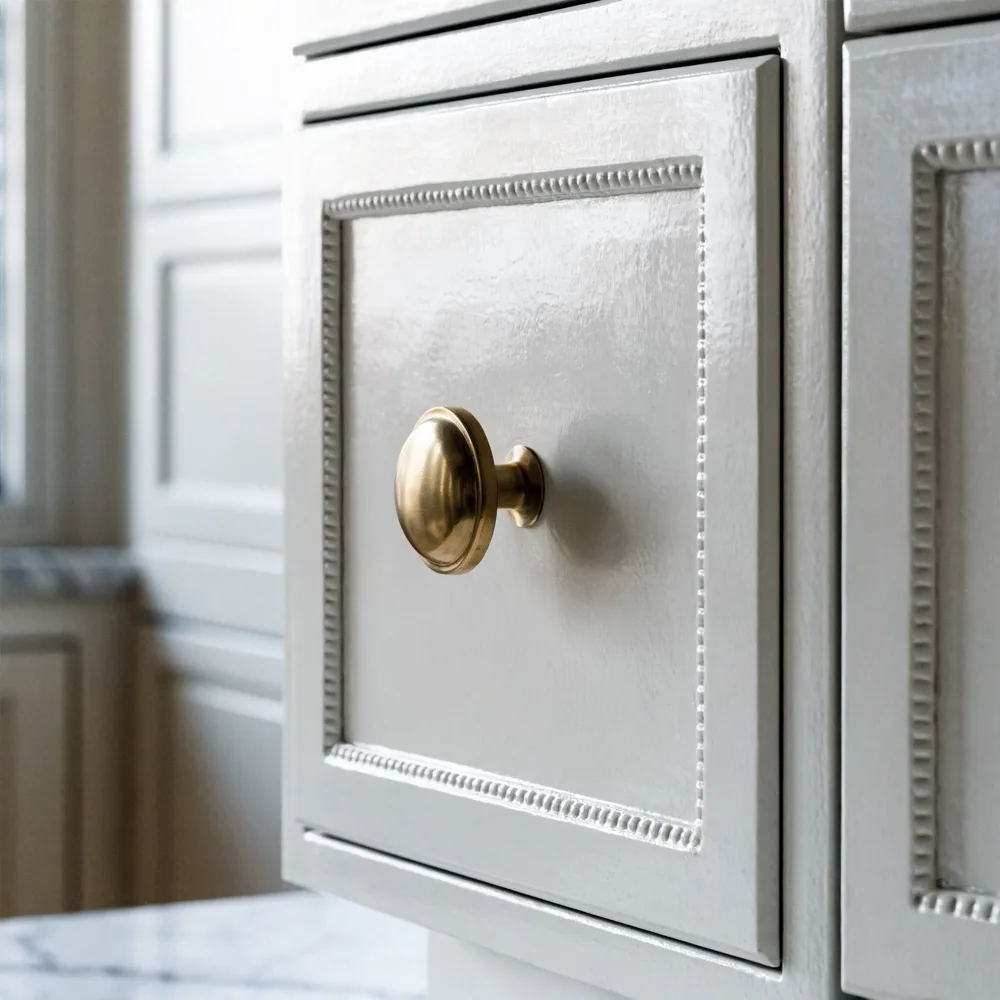 An inset cabinet door sitting flush inside its face frame in hand-painted lacquer, the reveal even on all four sides
