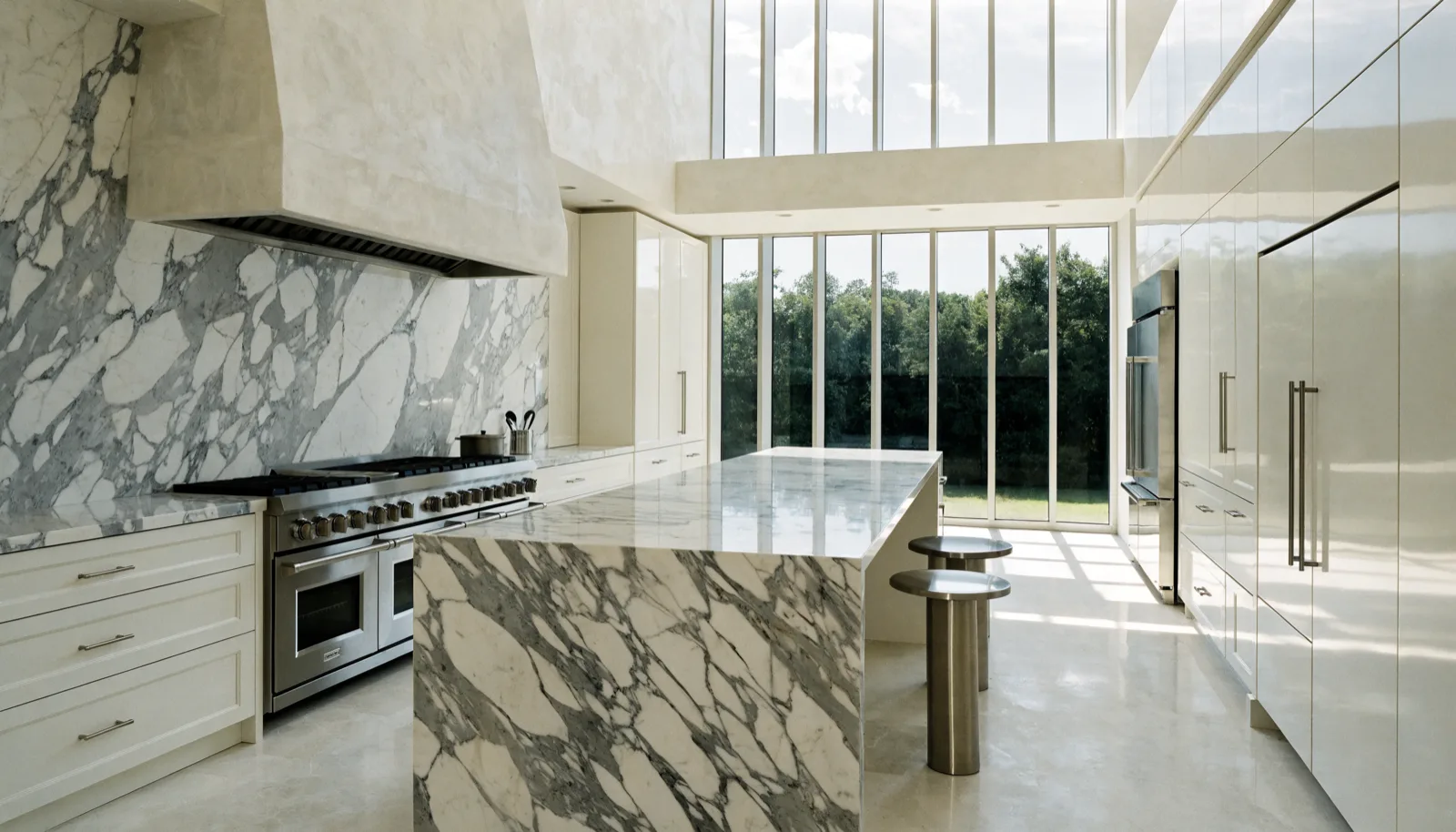 Luxury kitchen remodeling Davie, FL: a finished kitchen with a large book-matched marble island, lacquered slab cabinetry running to the ceiling and a professional range under a plaster hood