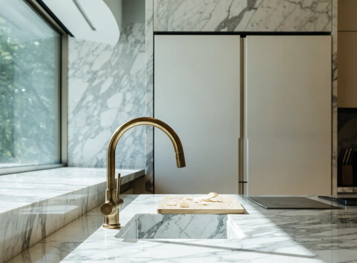 The prep corner of that kitchen, a second sink set into the marble with a brass faucet and the refrigeration columns beside it