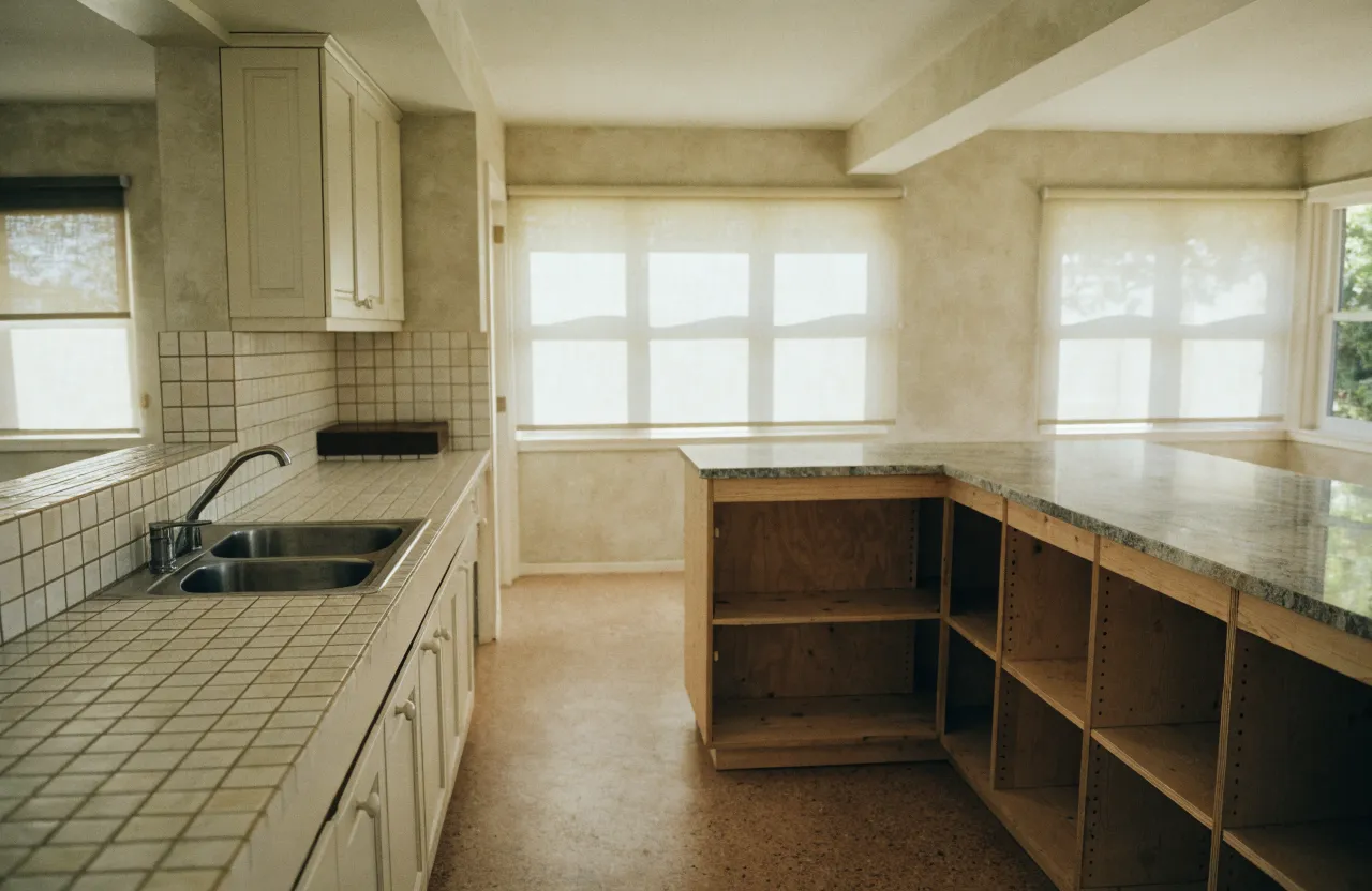 A 1980s Davie kitchen with the original tile counter still on one run and the cabinet boxes cleared for a new stone top
