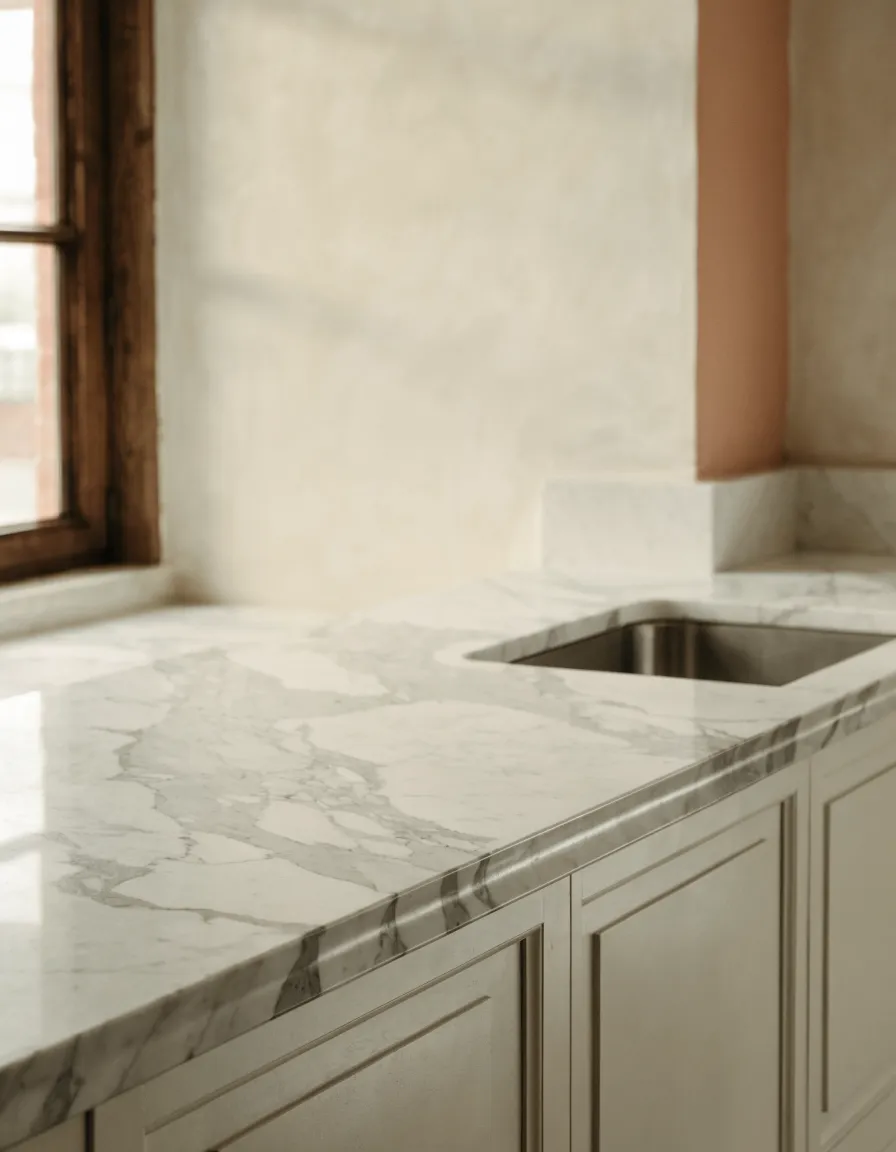 Marble countertop installation Davie, FL: a white marble run with soft gray veining and a polished eased edge over shaker cabinets