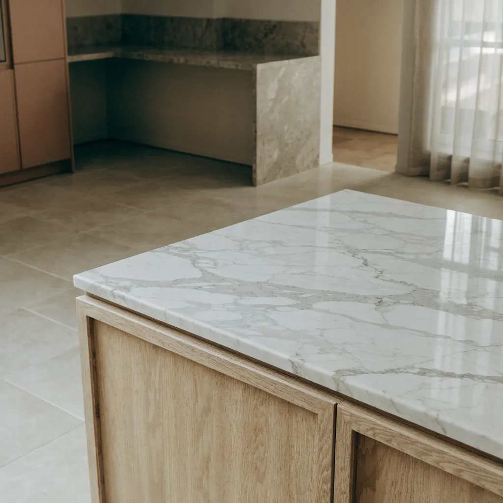 A Davie kitchen island topped in white marble with a plainer stone on the perimeter counters behind it