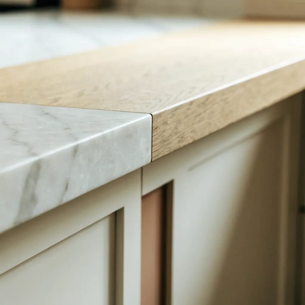 The joint where a white marble section meets the oak of the same Davie kitchen worktop, both surfaces level