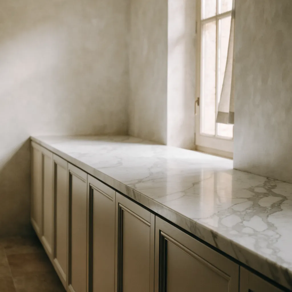 A full run of white marble along a Davie kitchen wall, the veining continuous down the whole length