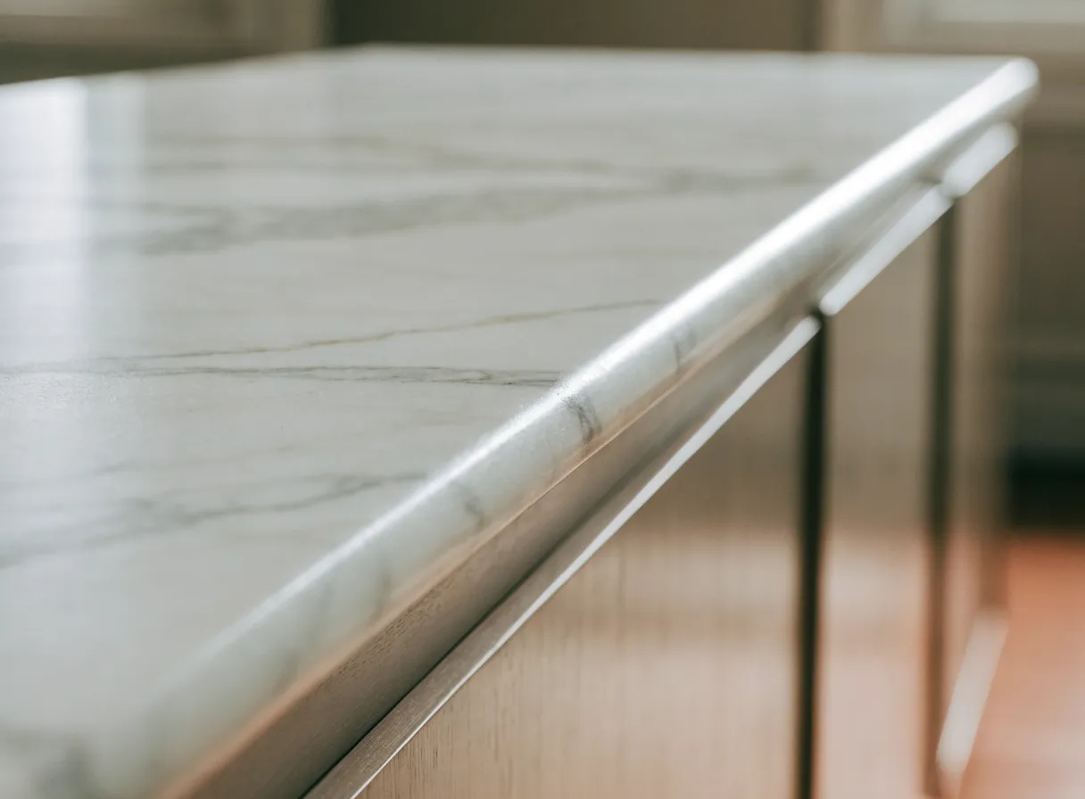 Marble countertop installation in Davie, FL: a single gray vein running across the surface and continuing down over the polished edge