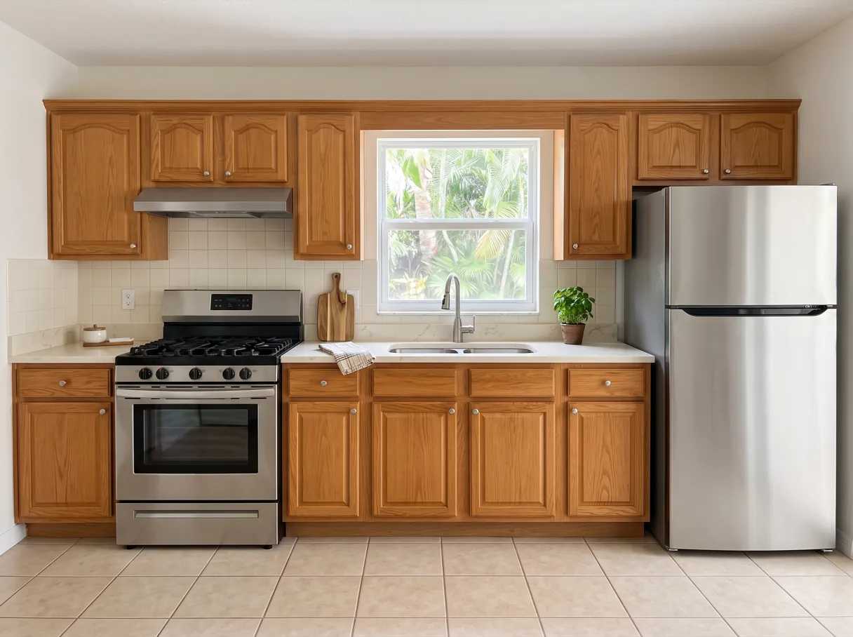 A finished kitchen with honey oak raised panel cabinets, a cream quartz countertop, a stainless steel refrigerator and a beige square tile floor