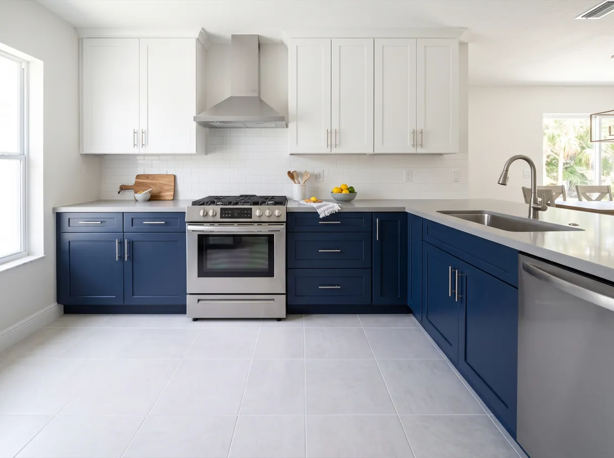 A finished kitchen with navy blue lower cabinets, white upper cabinets, a light gray quartz countertop, a stainless steel range and a pale gray tile floor