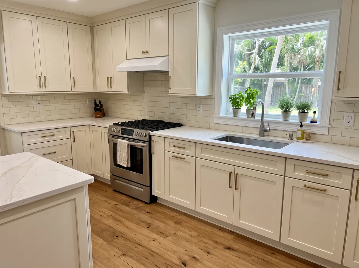 How to match countertop tone to floor and cabinets in Davie: a finished kitchen with a honey oak plank floor, cream shaker cabinets, a white quartz countertop with soft beige veining and a stainless sink under a window